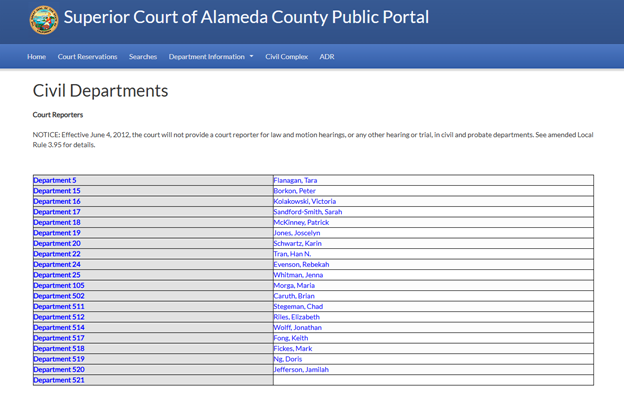 screenshot of civil departments page from the Superior Court of Alameda County Public Portal. Displays links for departments and corresponding judges. 